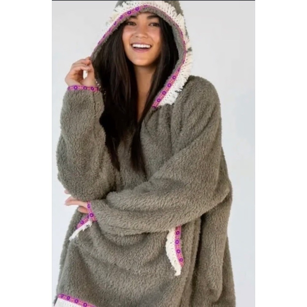 Natural Life One Size Green Gray Sherpa Cozy Blanket Oversized Fleece Hoodie